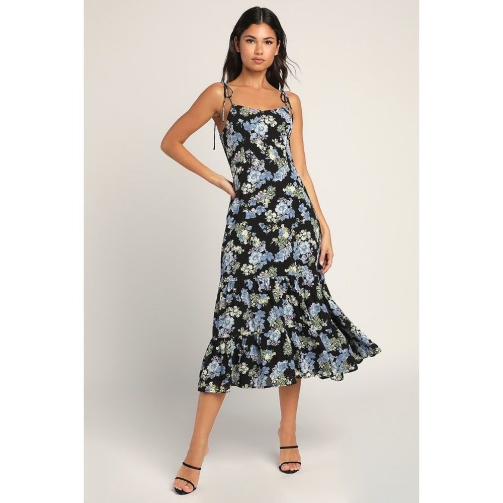 Lulus Started With A Kiss Black Floral Print Tie-strap Tiered Dress - Size S